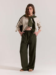 Olive Green Linen Pull-on Pants
